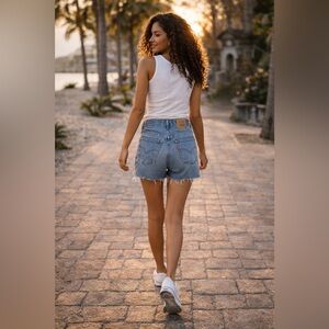 Vintage Levis Cut Off  Orange Tab Denim Shorts Blue 33 High Rise Raw Hem Casual